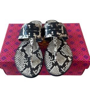 Tory Burch Leigh Thong Sandals 8.5 Roccia Snakeskin Black‎ Logo